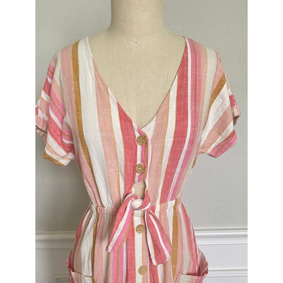 Lush Pink Striped Linen Button Front Tie Cut Out Midi Dress - Picture 2 of 8